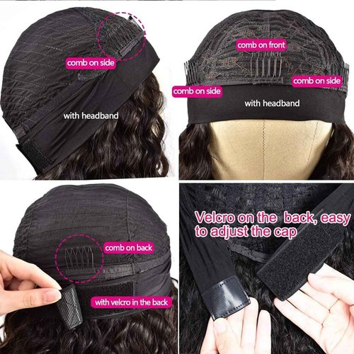 Youngirl Deep Wave Headband Wig Human Hair 24 Inch Curly Headband Wigs for Black Women Human Hair Glueless None Lace Front Wigs Brazilian Virgin Hair Wig Machine Made 150% Density Natural Black Color