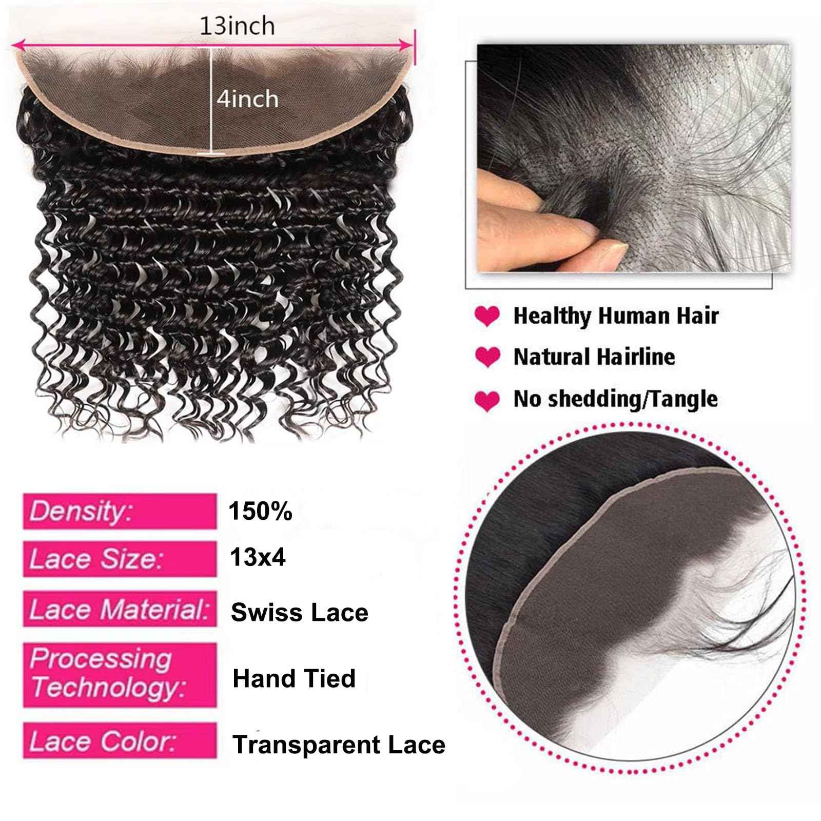 20 Inch Deep Wave Frontal 13x4 HD Lace Front Human Hair Pre Plucked with Baby Hair Ear to Ear Transparent Lace Frontal Closure 100% Virgin Deep Wave Lace Frontal