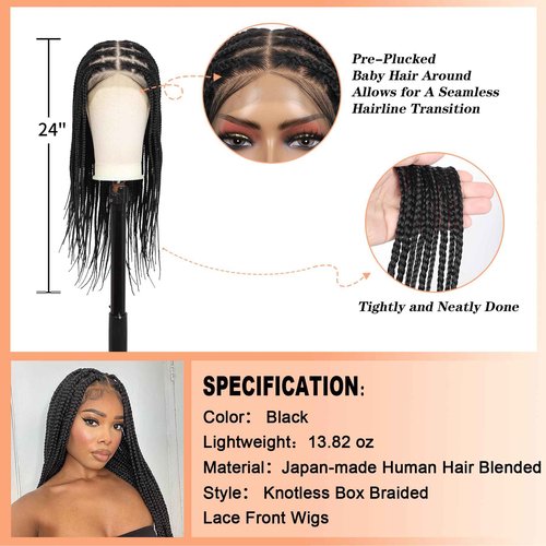Brinbea 13x8'' HD Lace Front Knotless Braided Wigs for Women Short Box Braid Wig with Baby Hair Premium Synthetic Braided Lace Front Wigs Black 22 inch