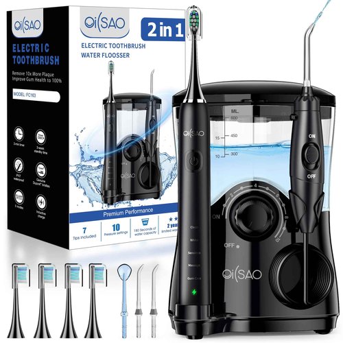 Electric Toothbrush with Water Flosser Combo: 600ML Large Water Tank & Ultrasonic Cleaning- Gum Care & Whitening- 5 Brush Modes & 10 Pressure Settings for Family Use, Black