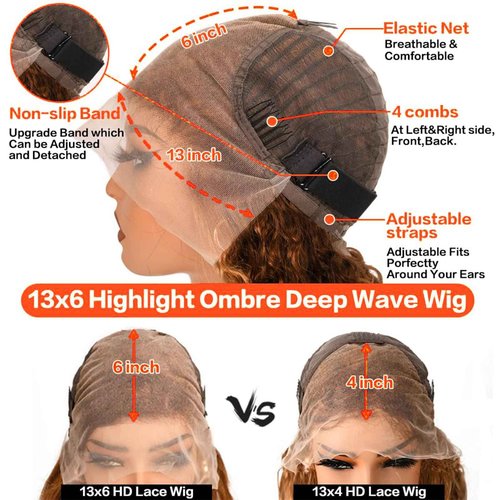 DOSYVI Ombre Lace Front Wig Human Hair 180% Density 4/27 Honey Blonde 13x6 Deep Wave Lace Front Wigs Wet and Wavy Curly Glueless Wigs Human Hair Pre Plucked with Baby Hair(Highlight, 24 Inch)