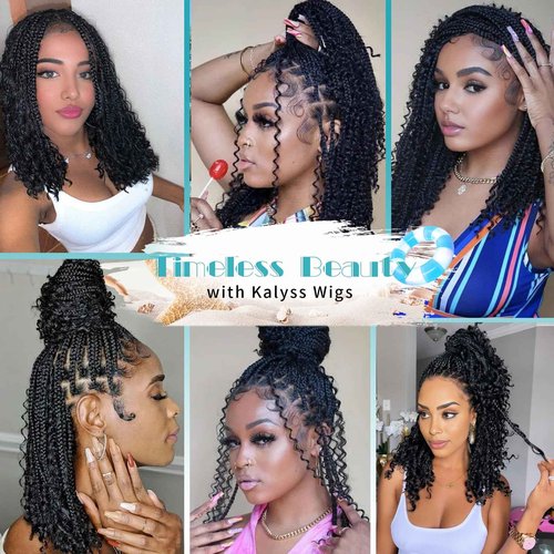 Kalyss 12inch 13x8 HD Lace Front Short Boho Braided Wigs for Women Full Lace Knotless Braided Wig with Bohemian Curly Box Braid Wig with Baby Hair Natural Black Premium Synthetic Braid Wigs