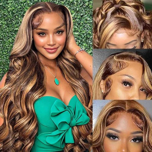 Vibja Honey Blonde Glueless Body Wave HD Lace Front Wigs Human Hair for Black Women 13x4 Lace Frontal Wigs 200 Density 12A Ombre Highlight P4/27 Pre Plucked Bleach Knots With Baby Hair 30 Inch