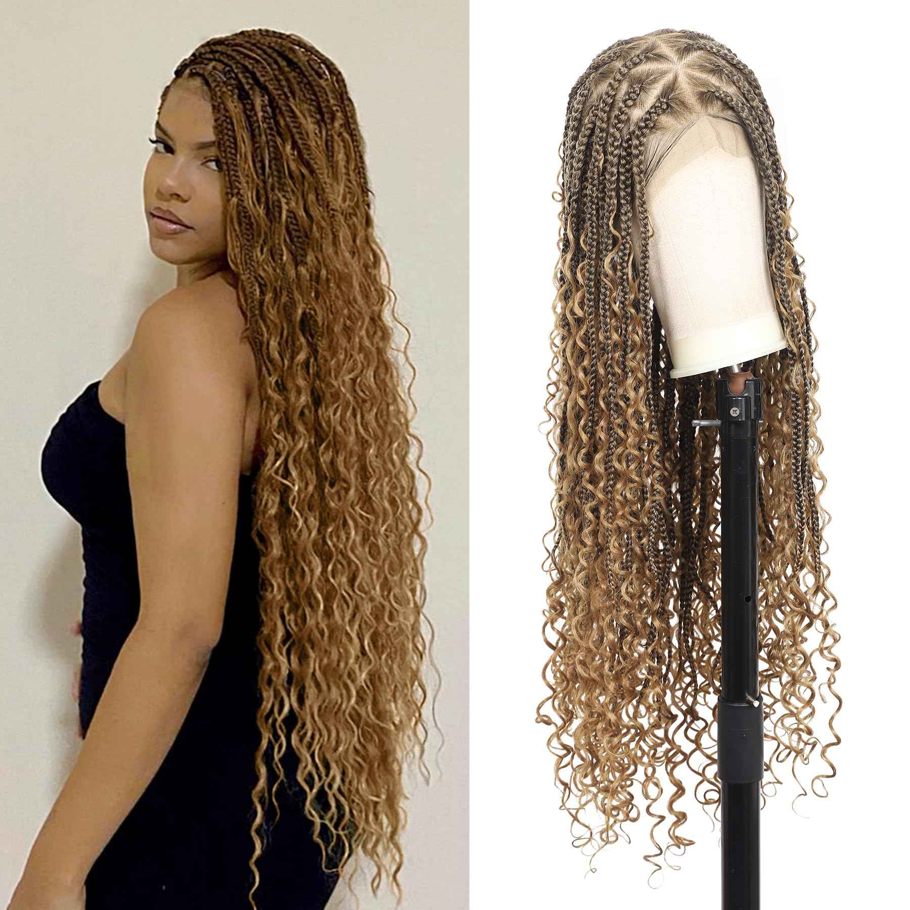 KERNORV 360° HD Full Lace Knotless Boho Braided Wigs for Women Full Lace Box Braid Wig with Baby Hair Premium Synthetic Lace Front Braided Wigs with Curly Ends 36" Light Brown