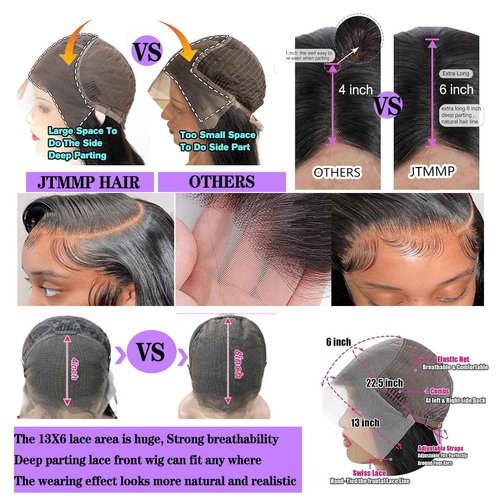 JTMMP 14 Inch 13x6 Lace Front Wigs Human Hair 200% Density Body Wave Lace Front Wig Human Hair HD Transparent Natural Color