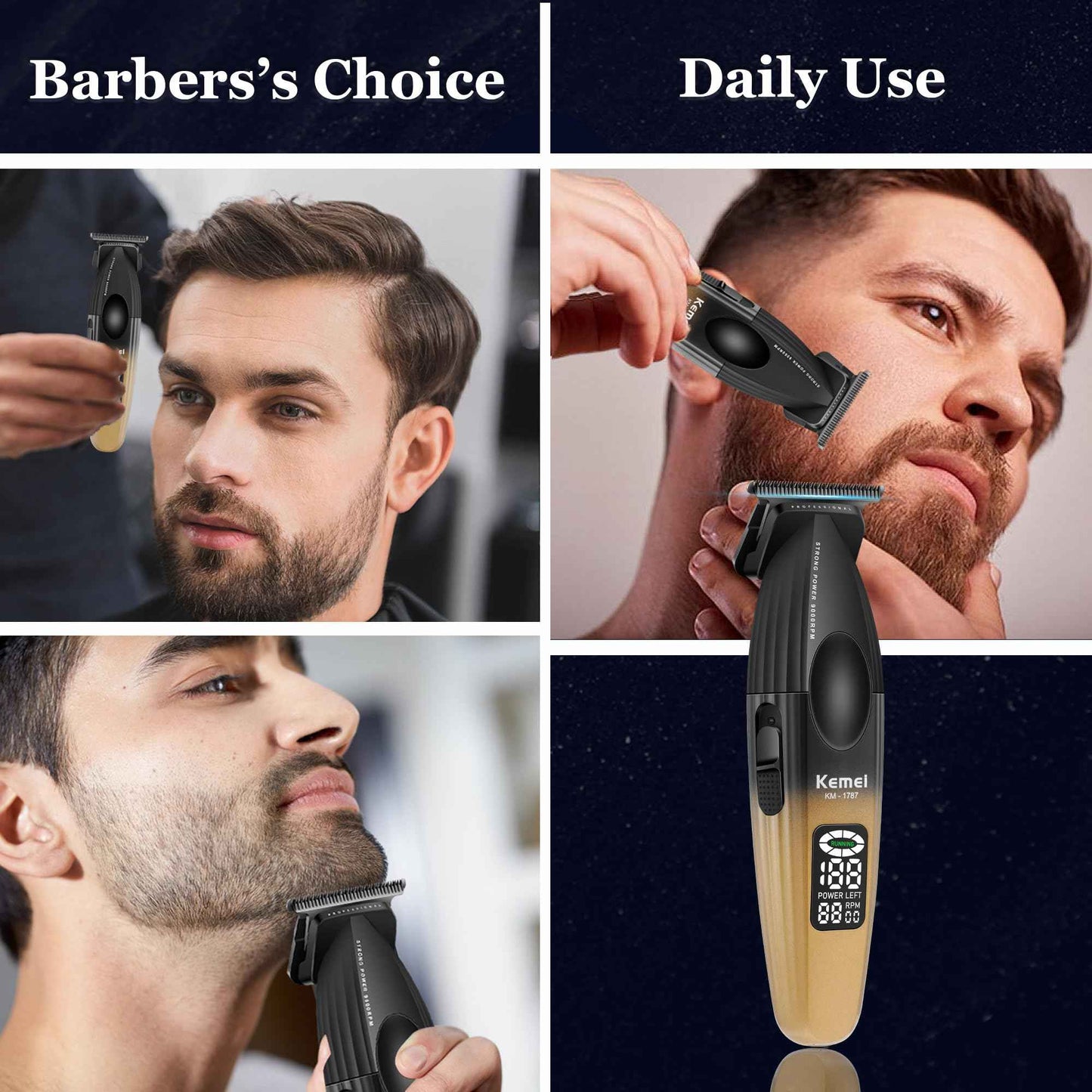 KEMEI 1787 Beard Trimmer for Men, Cordless Hair Trimmer with LED Display, 9000 RPM Hair Clippers for Barber with 2000 mAh Battery, DLC Coated T-Blade