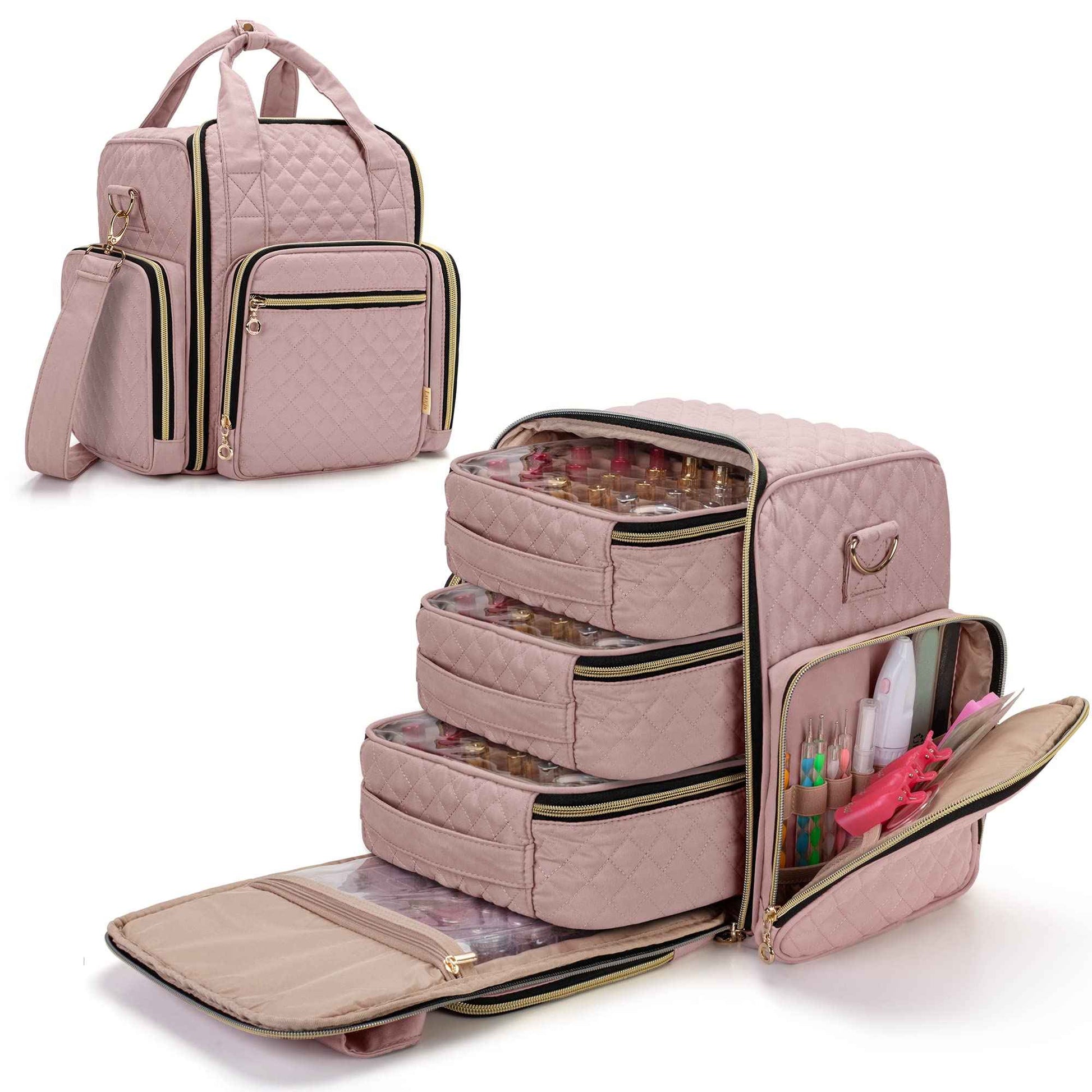 LUXJA Nail Polish Organizer Holds 72 Bottles, Nail Polish Case with 3 Removable Bags and Tools Storage Pockets (Patent Pending), Pale Rose