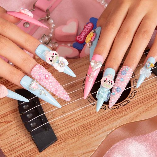 LOVFUL Press on Nails Pastel Dream | Handmade with Full Covered Crystals | Reusable Full Cover Nails | Stiletto Long 2.2 in | H52-L