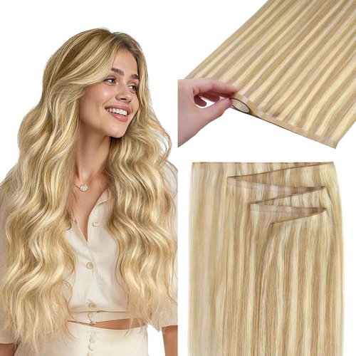 GOO GOO Tape In Weft Hair Extensions Human Hair, Genius PU Long Weft Tape In Hair Extensions Real Human Hair, Silky Easy to Use, P16/22A Light Blonde Highlighted Golden Blonde 18 inch 50g