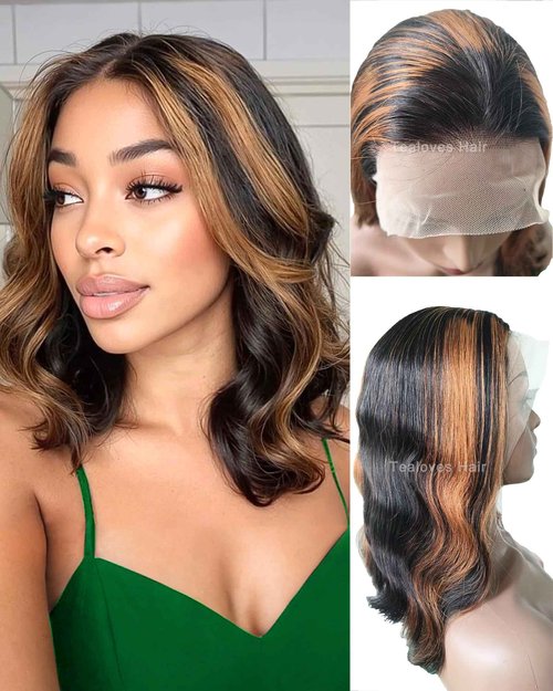 Tealoves Body Wave Bob Wig 180 Density Glueless 13×4 Invisible Lace Front Wigs Human Hair for Women 10 Inch FB/30 Black with Highlights