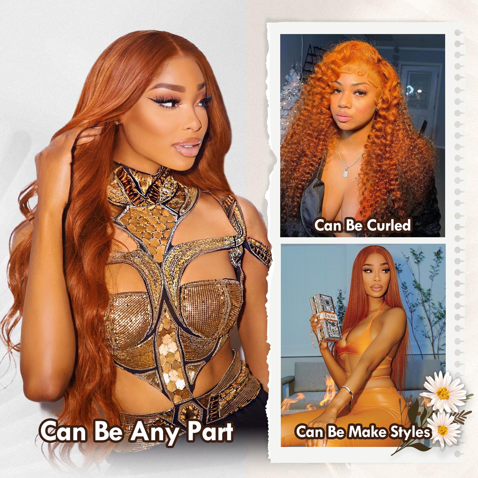 Ginger Lace Front Wig - 13x6 HD Body Wave, Pre Plucked with Baby Hair, 180 Density, Glueless Orange 24 Inch