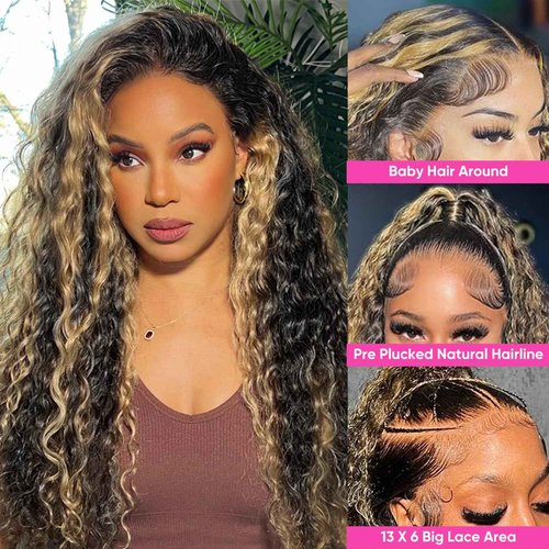 Vlusee 26 Inch 13x6 Deep Wave Lace Front Wigs Human Hair Fb/27 Ombre Blonde Lace Front Wig Human Hair Pre Plucked 13x6 HD Full Lace Frontal Curly Human Hair Glueless Wig for Women