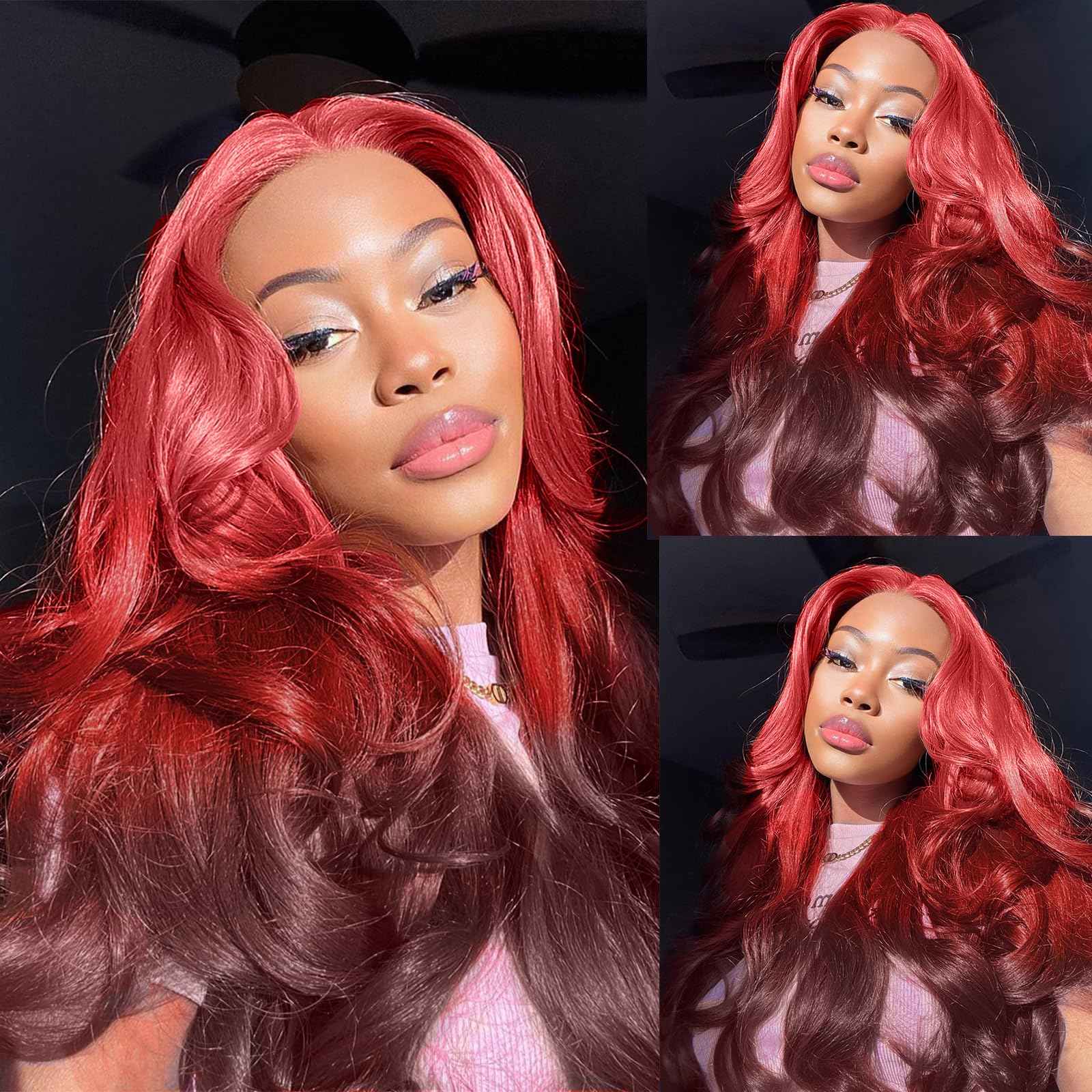 GGEDUO Ombre Rose Pink Lace Front Wigs Human Hair Body Wave Glueless Red and Dark Burgundy Ends Human Hair Wigs for Women Pre Plucked with Baby Hair 3 Tones Gradient Pink Candy Color 24 Inch