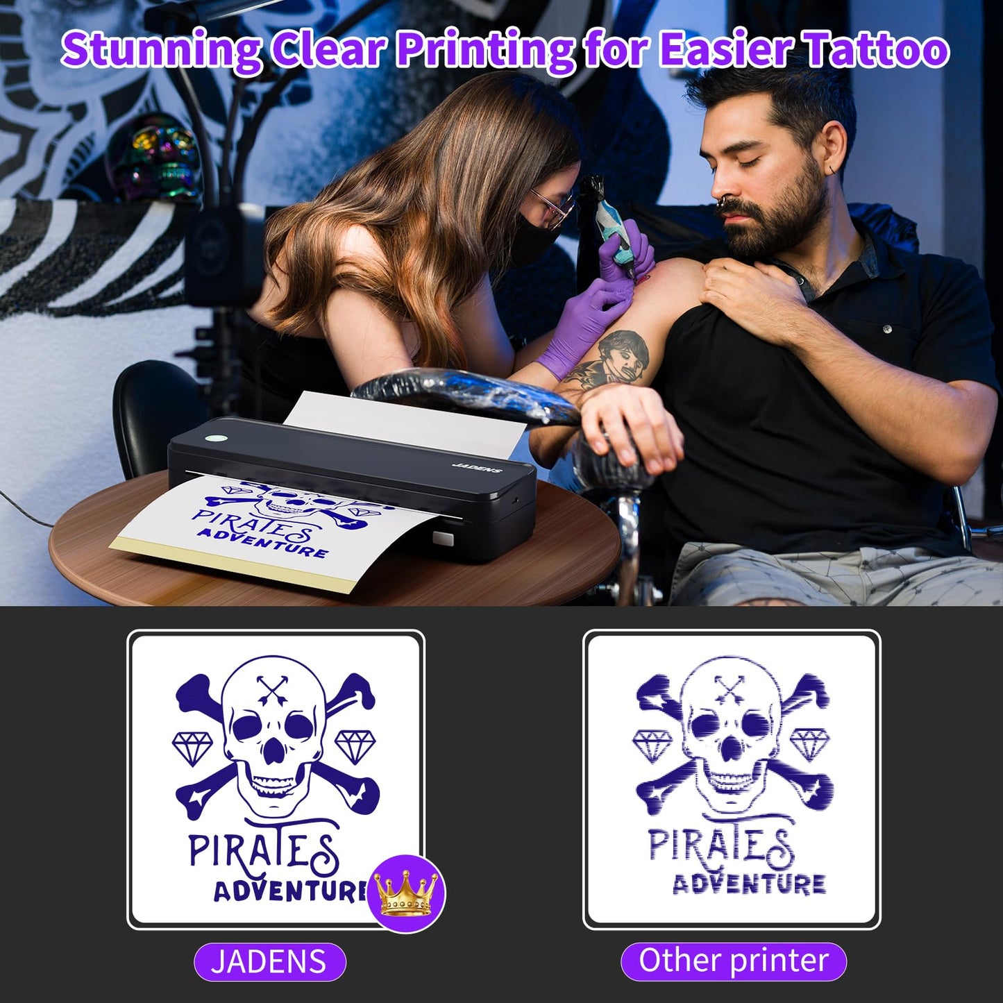JADENS Tattoo Stencil Printer with 40pcs Transfer Paper, Bluetooth Thermal Tattoo Printer Machine with 2600mAh Battery, Compatible with Android & iOS, PC for Tattoo Artists & Beginners