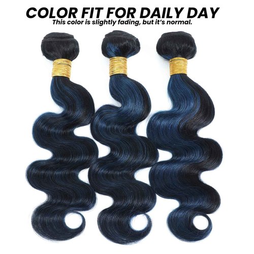 ALHER Black Mix Blue Bundle Human Hair Body Wave, 12A Soft Thick 3 Bundles Wavy Human Hair, 100% Remy Hair Midnight Blue Two Tone Subtle Colored Double Weft (#1B/Blue, 14 16 18 IN)