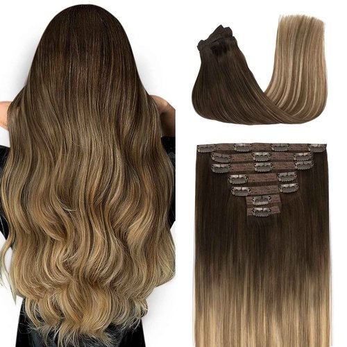 Fimislosion Real Hair Extensions Clip in Human Hair, Seamless Clip in Hair Extensions Real Human Hair, 20 Inch Clip ins extensions for women, Dark Brown to Chestnut Brown and Honey Blonde 120G 7Pcs