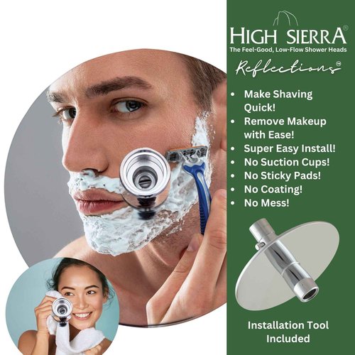 High Sierra® NEW Gen 3 'Reflections' Solid Metal 2.0 GPM. High Efficiency High Pressure Shower Head & Self-Heating 6” Fogless Mirror In One - Oil Rubbed Bronze Finish