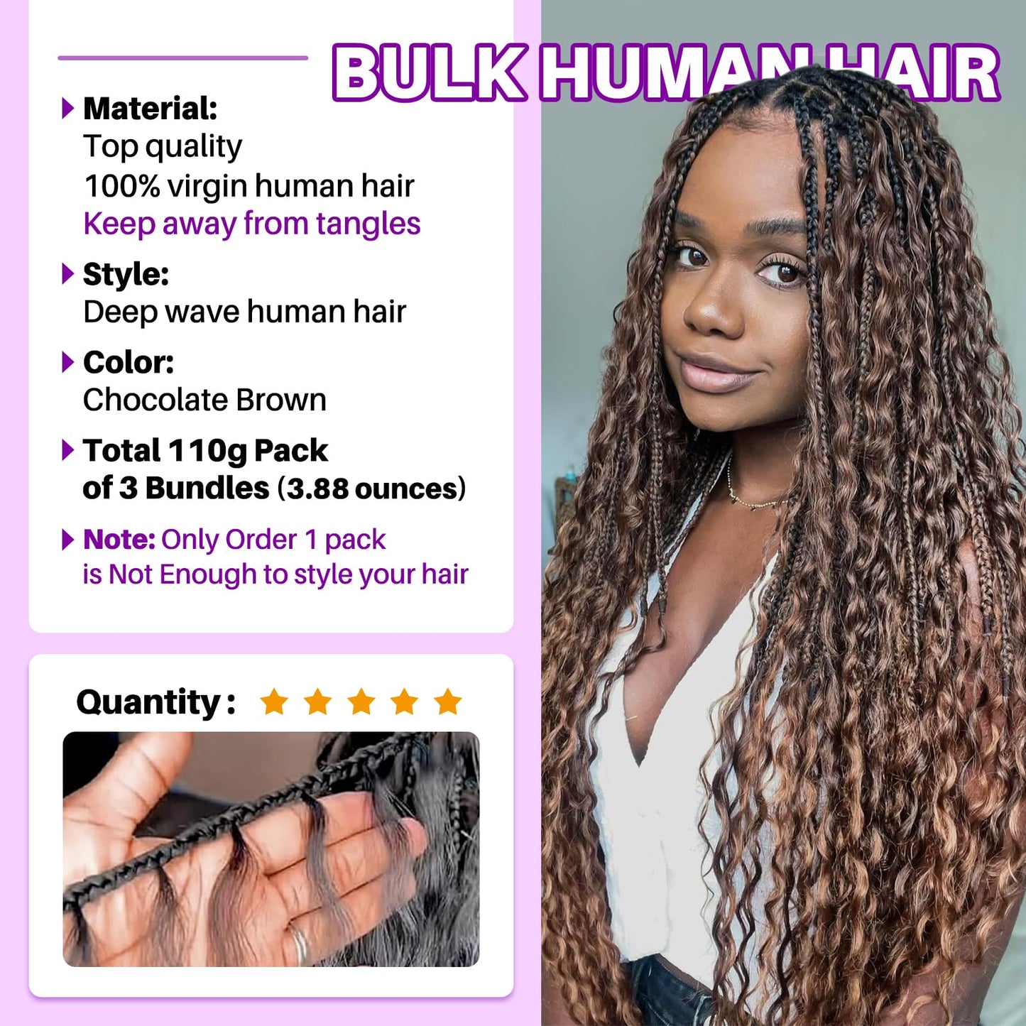 Human Braiding Hair for Boho Braids, Deep Wave Bulk Boho Braids Human Hair for Knotless Curly Bohemian Water Wave Braiding 110g 24 Inch Chocolate Brown (3 No Weft Bundles/Pack)