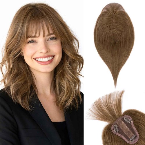 TESS Real Human Hair Topper for Women Clip In Bangs Handmade Lace Base 3 Clips Enhanced Coverage Stylish & Comfortable 8×10cm, 12 Inch, Medium Brown