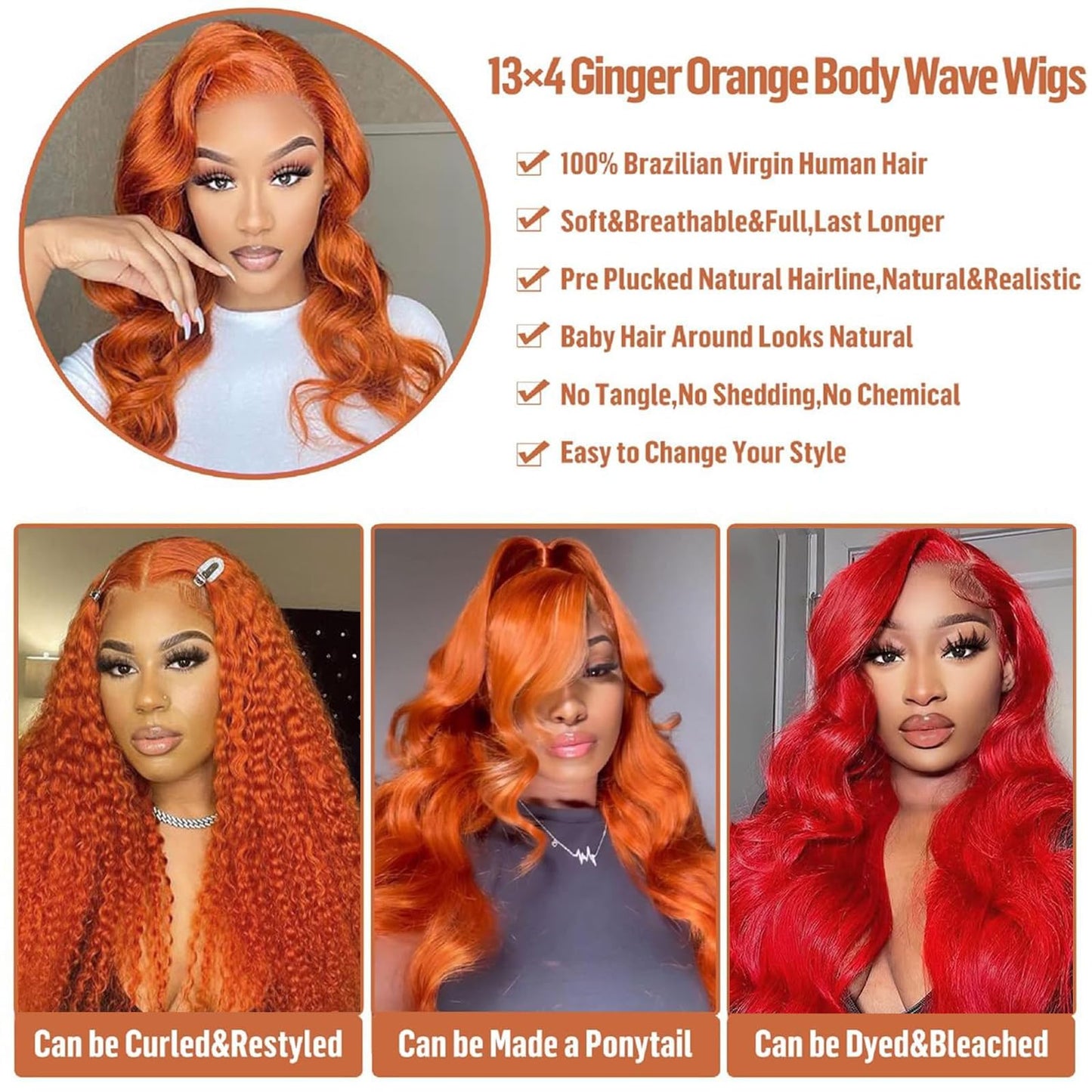 Ginger Lace Front Wigs Human Hair 13x4 HD Transparent Lace Frontal Ginger Orange Wig Human Hair Pre Plucked 180% Density Glueless Colored Lace Wig for Black Women 26 Inch