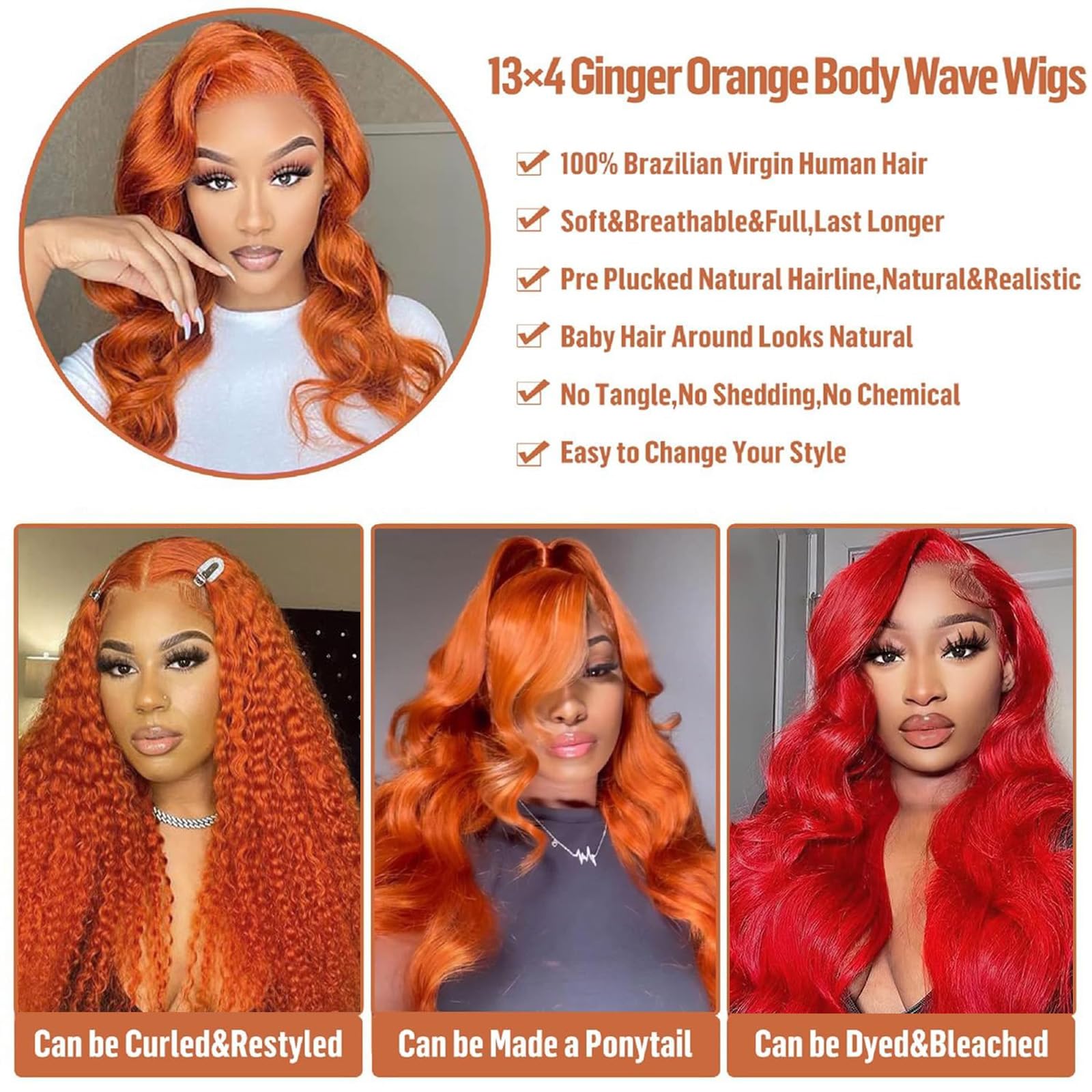 Ginger Lace Front Wigs Human Hair 13x4 HD Transparent Lace Frontal Ginger Orange Wig Human Hair Pre Plucked 180% Density Glueless Colored Lace Wig for Black Women 26 Inch