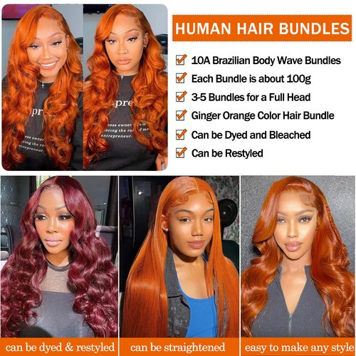 10A Bundles with Closure Human Hair Body Wave Ginger Bundles-12 14 16+12Inch, Unprocessed Raw Brazilian Human Hair Quick Weave Bundles with Free Part Lace Closure 350 Ginger Brown Color