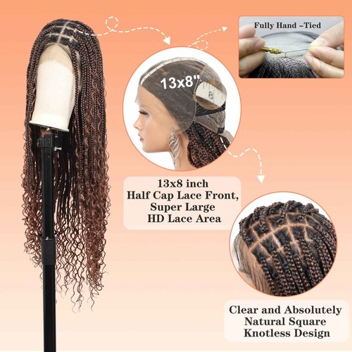 Brinbea 13x8'' HD Lace Front Braided Wigs for Women Knotless Boho Braided Wigs with Baby Hair Brown Box Braid Wig Long Human Hair Blended Braid Lace Front Wigs 36 Inch