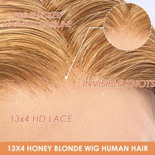 Shciyair 28 Inch Honey Blonde Wig Human Hair 200 Density 13x4 Body Wave HD Lace Front Wigs Human Hair Pre Plucked Blonde Wig Human Hair Colored 27# Lace Frontal Wigs For Women
