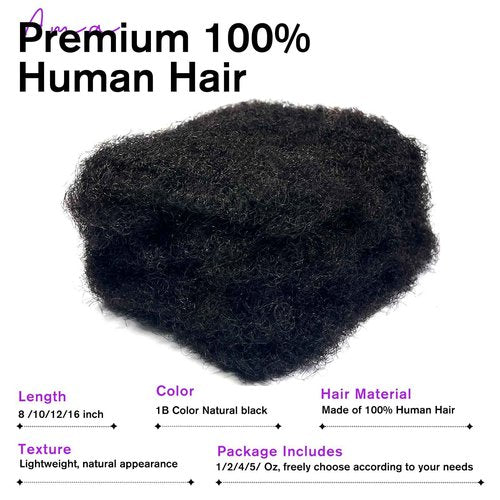 JIFFYLOCS Tight Afro Kinky Bulk Human Hair for Dreadlock Extensions 100% Human Hair,5 Packs 10 Inch 150g,Natural Black #1B,Repair Extensions,Making Locs or Braids, with Needles and Hairpin