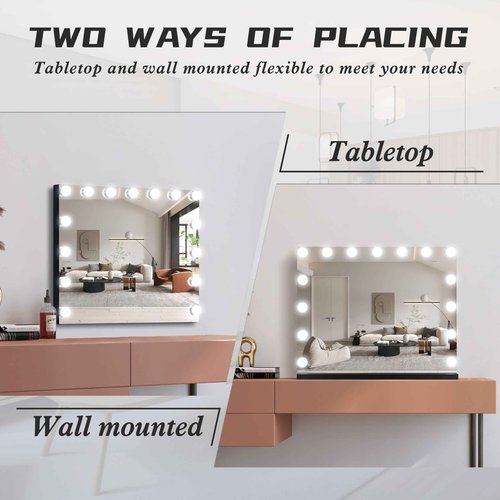 NUSVAN Vanity Mirror with Lights Lighted Makeup Mirror with 15 Dimmable LED Bulbs,3 Color Lighting Modes,USB Charging Port Touch Control,Sturdy Metal Frame Design 22.8x18 Inch,Black