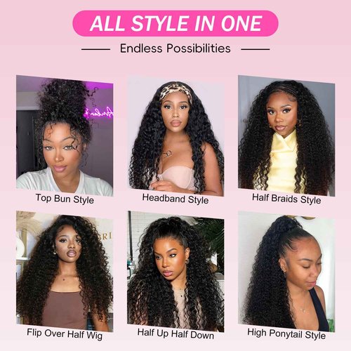 BGM GIRL Half Wig Human Hair Water Wave 3 in 1 Wigs Beginner Friendly Flip Over Drawstring Glueless Wig Ready to Go Seamless Clip in Wigs Natural Black Color 18 Inch