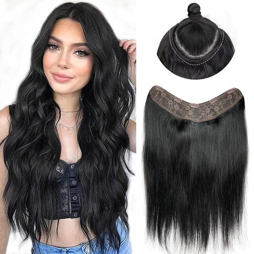 Jet Black One Piece Clip-In Hair Extension - 20 Inch V Shape Hairpiece With 5 Secure Clips, Silky Straight PU Weft for Women