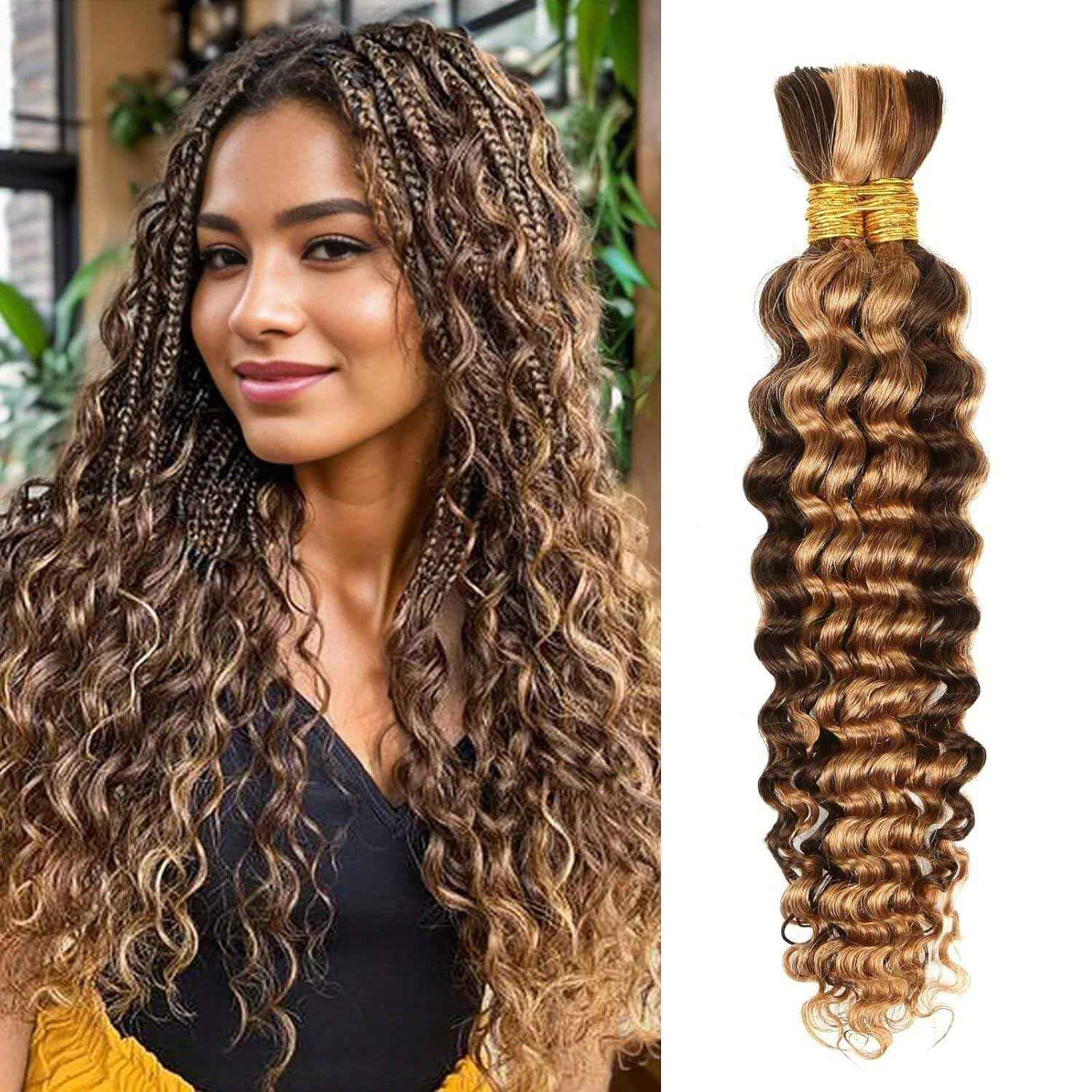 Highlight Ombre Deep Wave Bulk Human Hair Braiding 2 Bundles/Pack 110g 24 Inch No Weft Brazilian Virgin Curly Human Hair Extensions for Boho Braids Wet and Wavy Human Braiding Hair