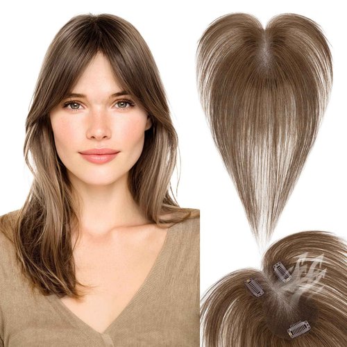SEGOHAIR Hair Toppers for Women Real Human Hair with Bangs 360°Cover 3D Clips 2.76"x4.33" Breathable Lace Base 11 Inches Lightweight Hairpieces Curtain Bangs Medium Brown