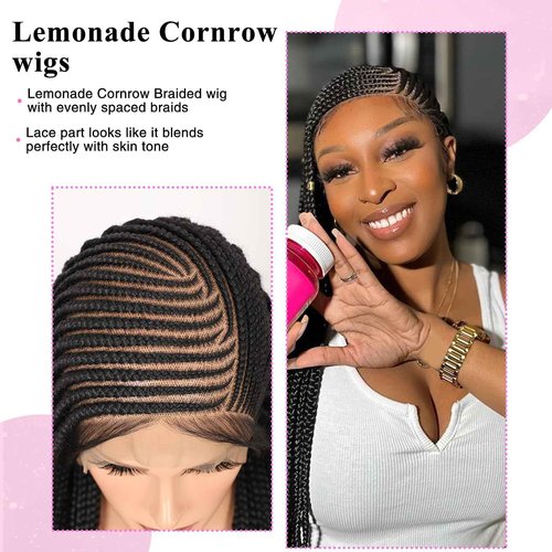 Kalyss 13X8 Lemonade Cornrow Braided Wigs for Women Lace Front Braided Wigs Premium Synthetic Long Braided Wig with Baby Hair Side Parting Braided Wig 36"