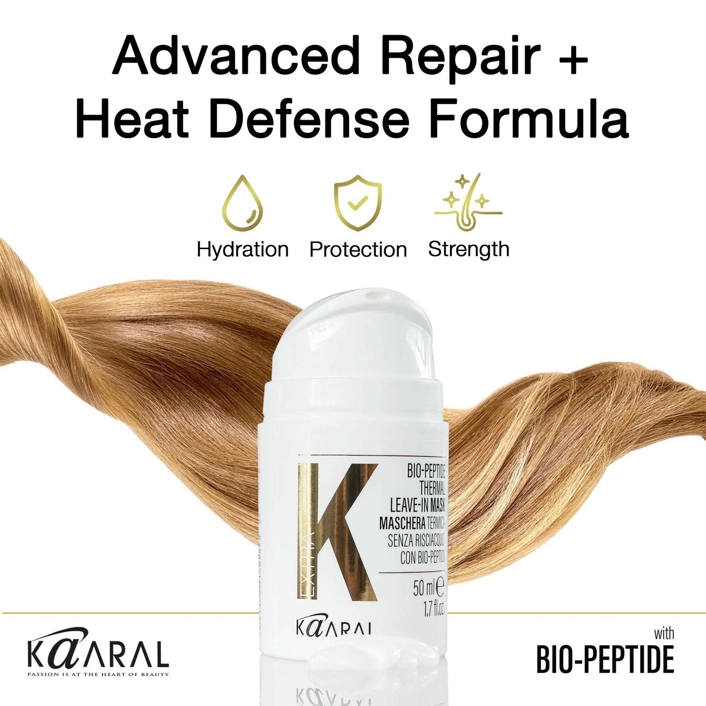 Kaaral Bio-Peptide Thermal Leave-In Hair Mask - Intensive Moisture & Heat Protection for Dry Damaged Hair - Strengthening Hydrating Repair with Collagen & Restores Shine - 50ml