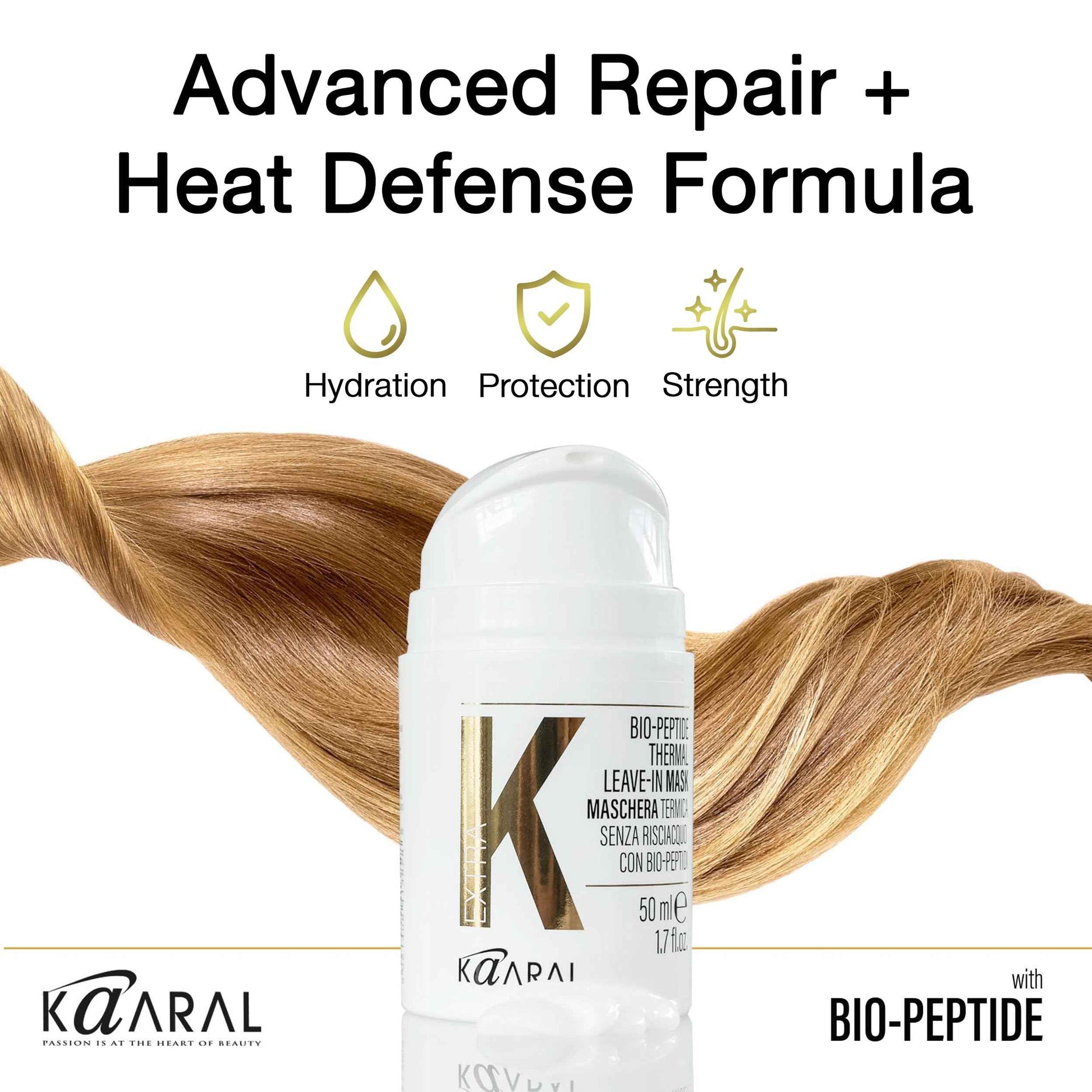 Kaaral Bio-Peptide Thermal Leave-In Hair Mask - Intensive Moisture & Heat Protection for Dry Damaged Hair - Strengthening Hydrating Repair with Collagen & Restores Shine - 50ml