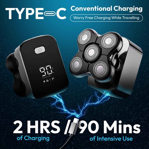 5D Electric Head Shaver for Bald Men – Waterproof Wet/Dry Razor – USB-C Fast Charge – 6-in-1 Grooming Kit with Beard & Nose Trimmer – Cordless, Portable, Travel-Friendly Head Shaver