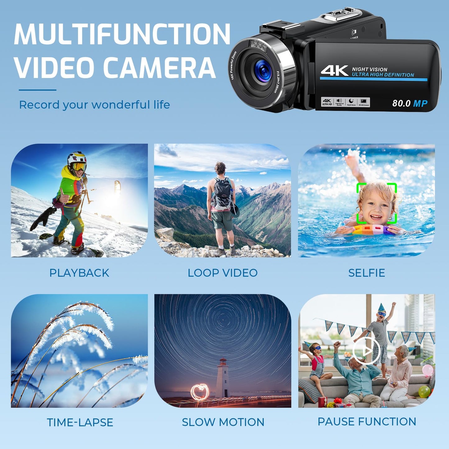 4K Camcorder Video Camera 80MP Ultra HD Vlogging Camera for YouTube 18X Digital Zoom 3.0" IPS HD Screen Recorder IR Night Version With Handheld Stabilizer, Microphone, Remote Control and 32GB SD Card