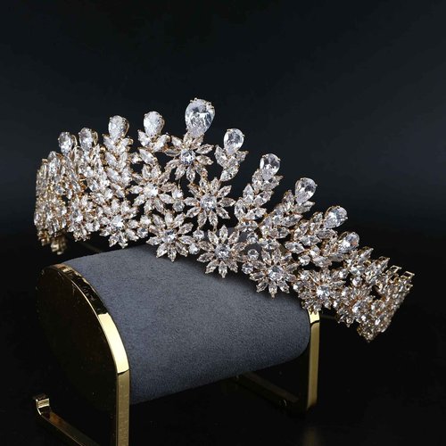 Luxury Gold Bridal Tiara CZ Prom Pageant Homecoming Quinceanera Crown Princess Floral Headpieces Women Hair Accessories Cubic Zirconia