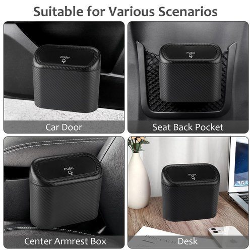 Accmor Car Trash Can with Lid, Mini Vehicle Trash Bin Portable Car Dustbin Garbage Organizer Holder with One Roll Trash Bag, Small Hanging Leakproof Auto Storage Bag Container (Carbon Fiber)