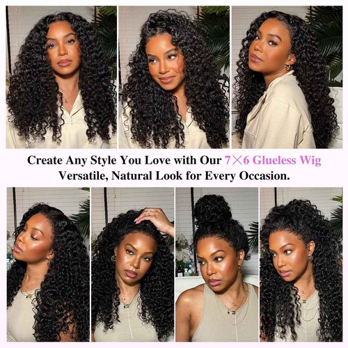Liqusee 7x6 Burmese Curly Glueless Wigs Human Hair Pre Plucked Pre Cut 250% Density Drawstring Wig for Black Women 7x6 HD Lace Front Wigs Human Hair Glueless Wear and Go Nautural Color 18 Inch