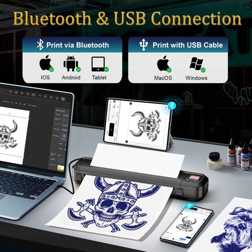 Bagana Tattoo Stencil Printer, M500 Wireless Bluetooth Thermal Portable Tattoo Printer Machine Kit with 10pcs Transfer Paper Compatible with Phones, Tablets & PC
