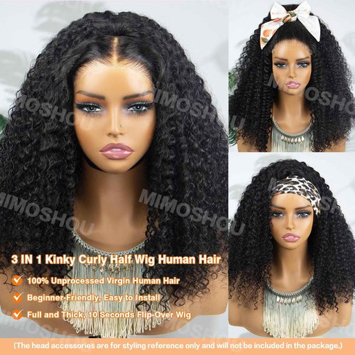 MIMOSHOU Kinky Curly Half Wig Human Hair 16Inch 250% Density 3 In 1 Seamless Flip Over Half Wigs for Women Wear and Go Glueless Headband Wig Human Hair Drawstring Beginner Friendly