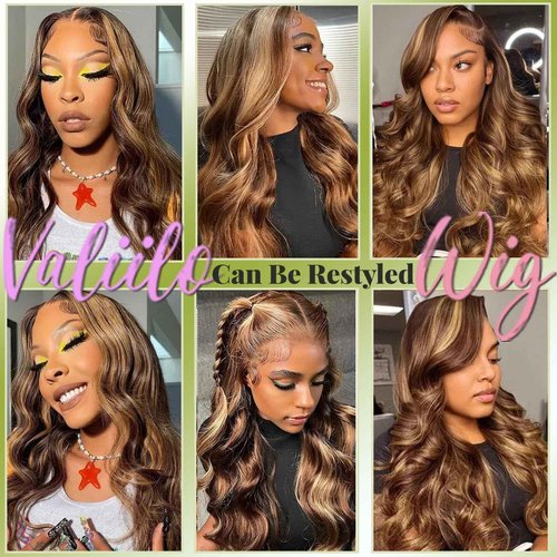 Valiilo Ombre Lace Front Wigs Human Hair 13x4 Highlight 4/27 Body Wave Wig Pre Plucked Honey Brown Blonde Wig Human Hair with Free Part 180% Density Glueless Colored Wig for Women 22 Inch