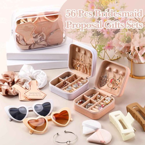 FoldTier 56 Pcs Bridesmaid Proposal Gifts Maid Gifts Clear Cosmetic Bags Jewelry Storage Boxes Hair Clip Hair Scrunchies Heart Shaped Sunglasses Bracelet Powder Puffs for Wedding(Champagne)