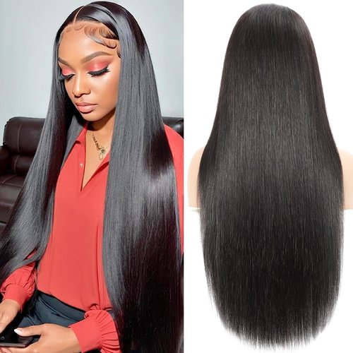 MZCNU 13x6 Straight Lace Front Wigs Human Hair 230% Density 28 Inch HD Transparent Lace Frontal Human Hair Wig for Women Natural Black Color
