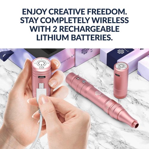 Stylia Permanent Makeup Machine Set – Wireless Machine Kit with 2 Rechargeable Lithium Batteries, Power Adaptor and 16 Cartridges – Microblading Supplies, Low-Noise, High-Speed Motor