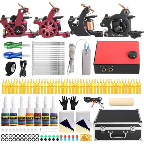 Solong Complete Tattoo Kit 4 Tattoo Machine Guns 54 Inks Power Supply Foot Pedal Needles Grips Tips Carry Case TK466-US