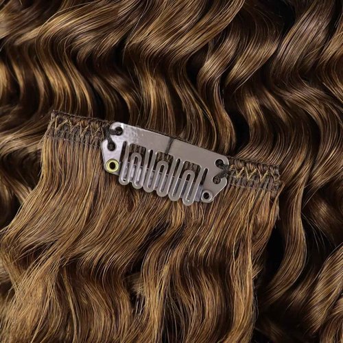 Hetto Curly Clip in Hair Extensions Curly Hair Extensions Reddish Brown Wavy Clip on Hair Extension Light 22 Inch 90g 5pcs
